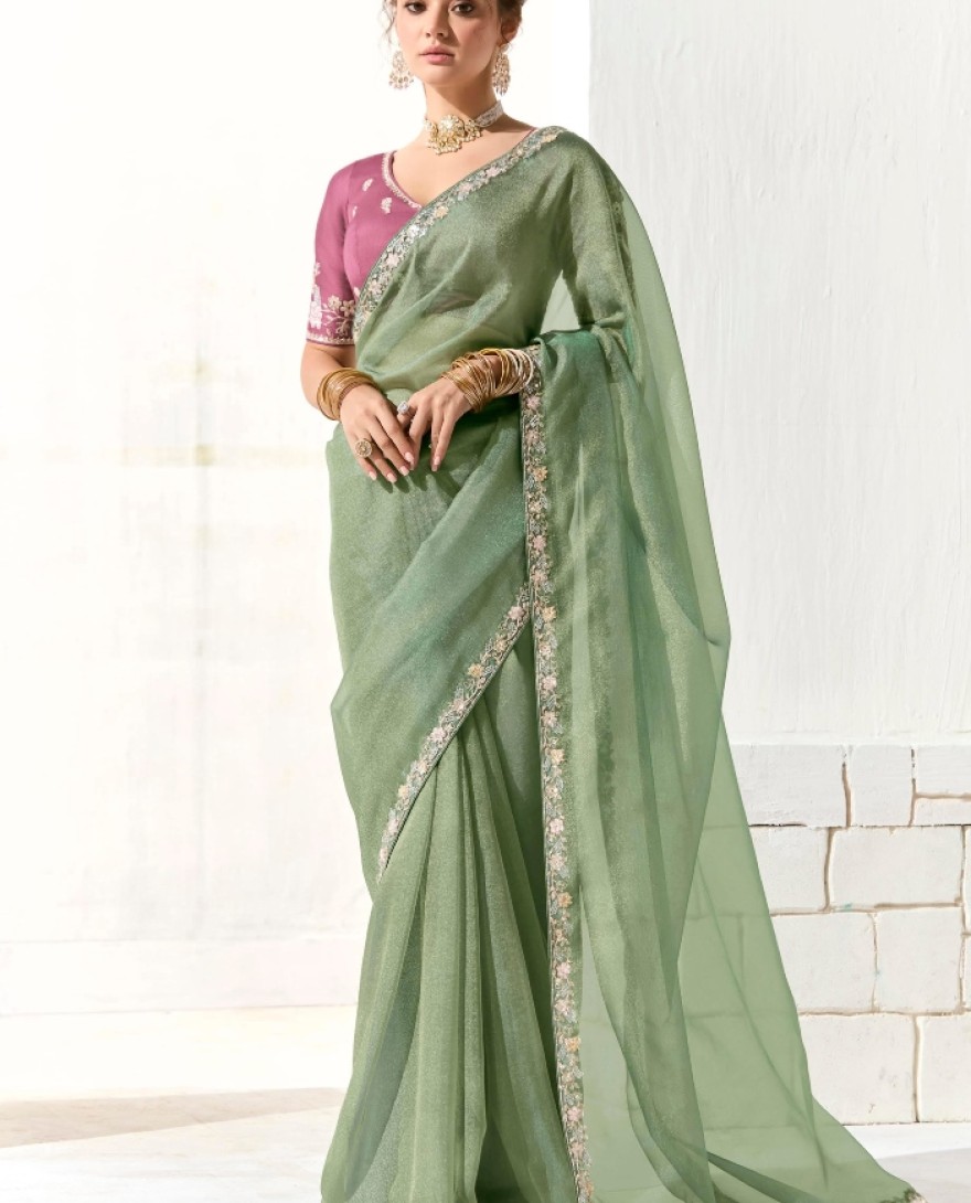 2216 - Fascinating Pista Green Border Work Tissue Silk Traditional Saree With Blouse